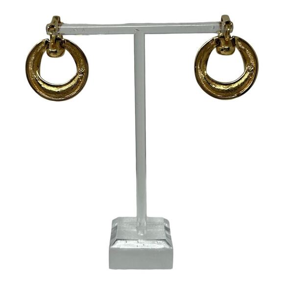 Swarovski Swan Logo Crystal & Gold Tone Dangle Hoop Clip Earrings Minimalist - Picture 14 of 16